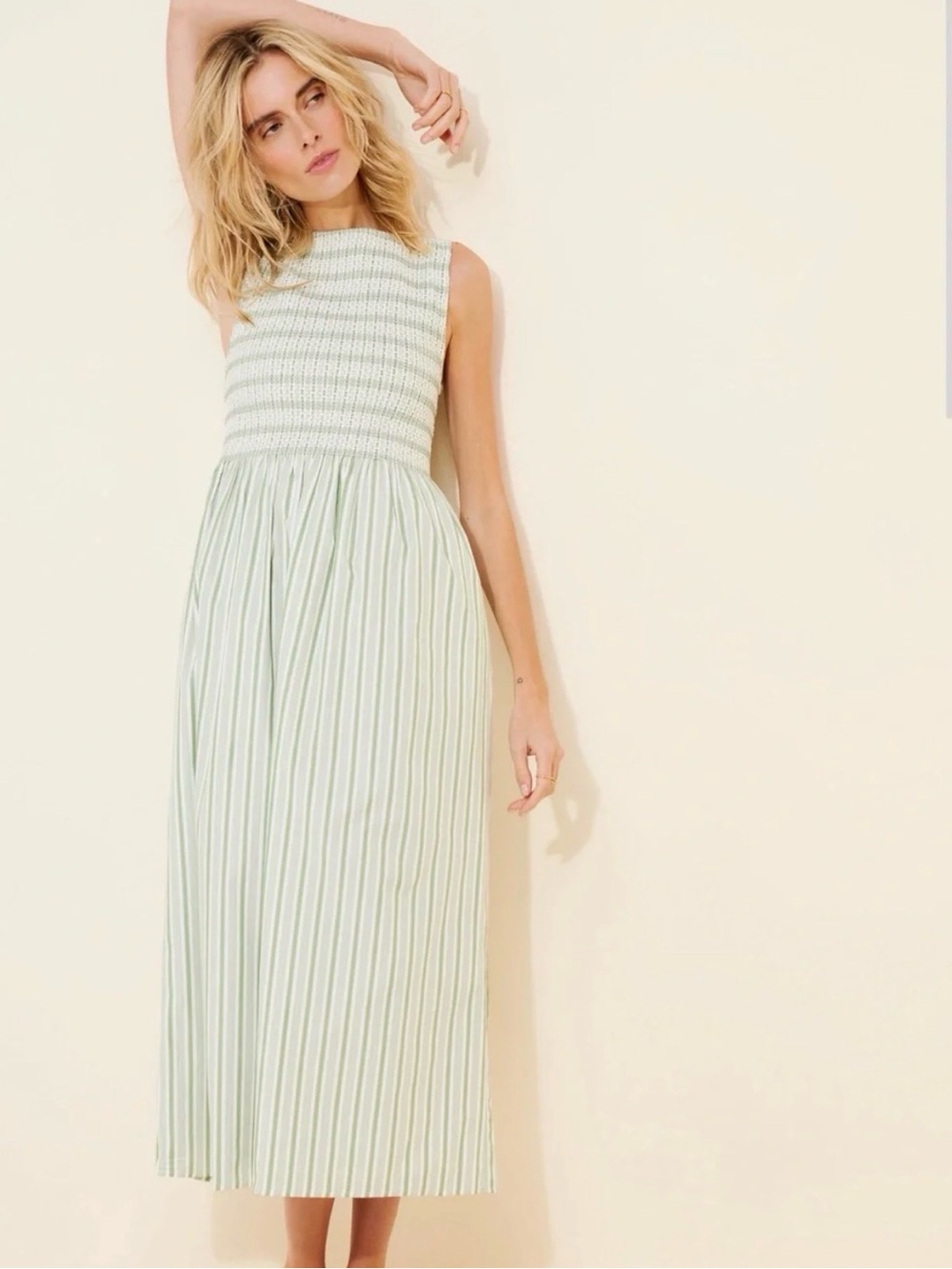 Hill House Home - The Nap Dress - Cosima Green and Cream Striped Smocked Dress - Picture 1 of 6